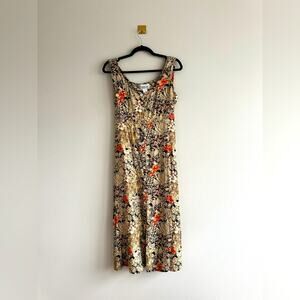 Vintage 90s Button Down Sleeveless Tan Floral Print Midi Dress Size M